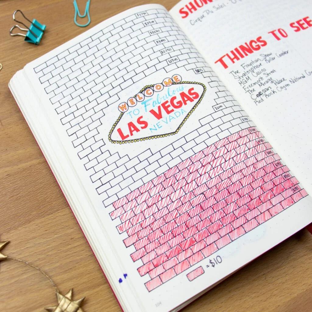 A close up view of the savings tracker in a bullet journal.