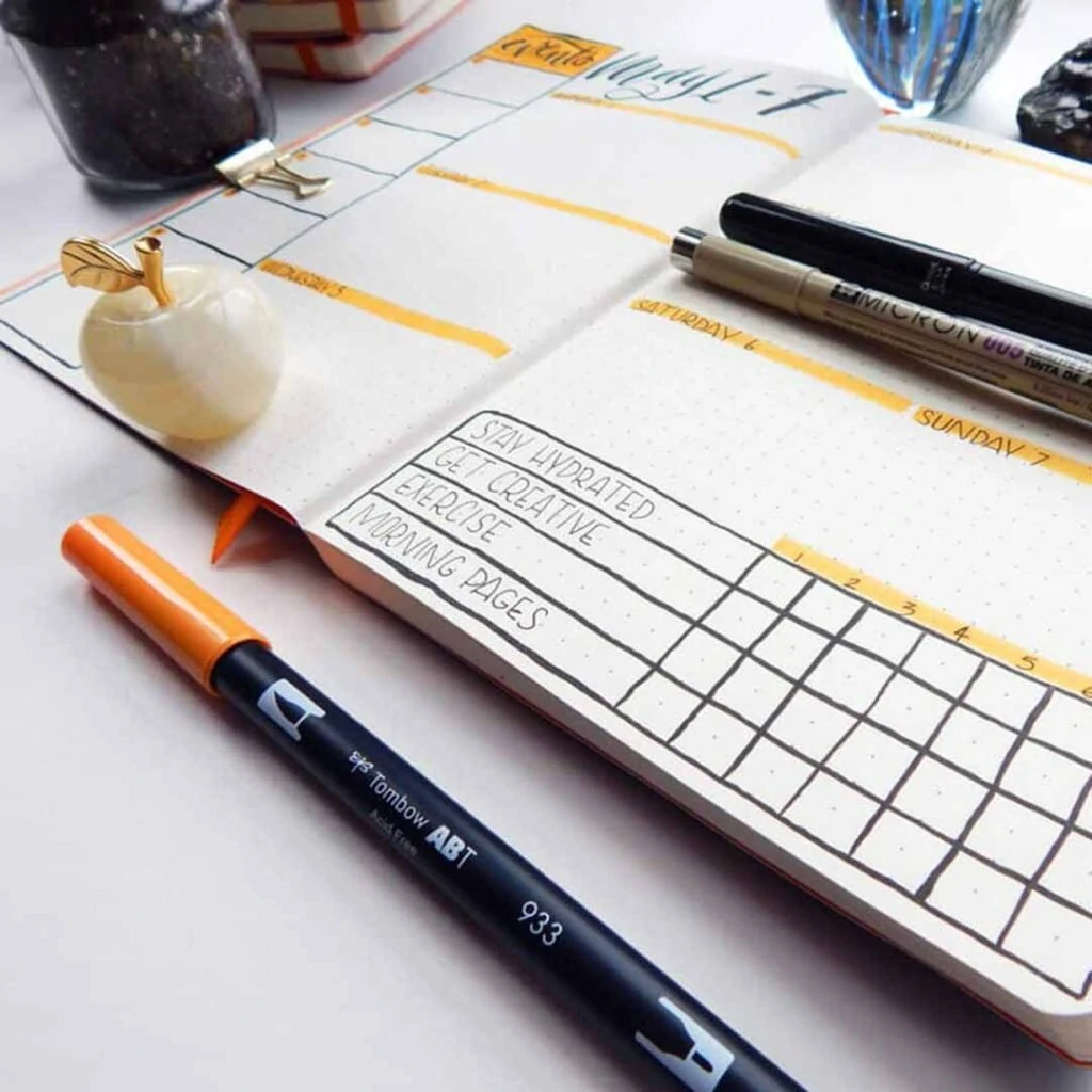 close up of master of schedules with white decorative apple sitting on the page