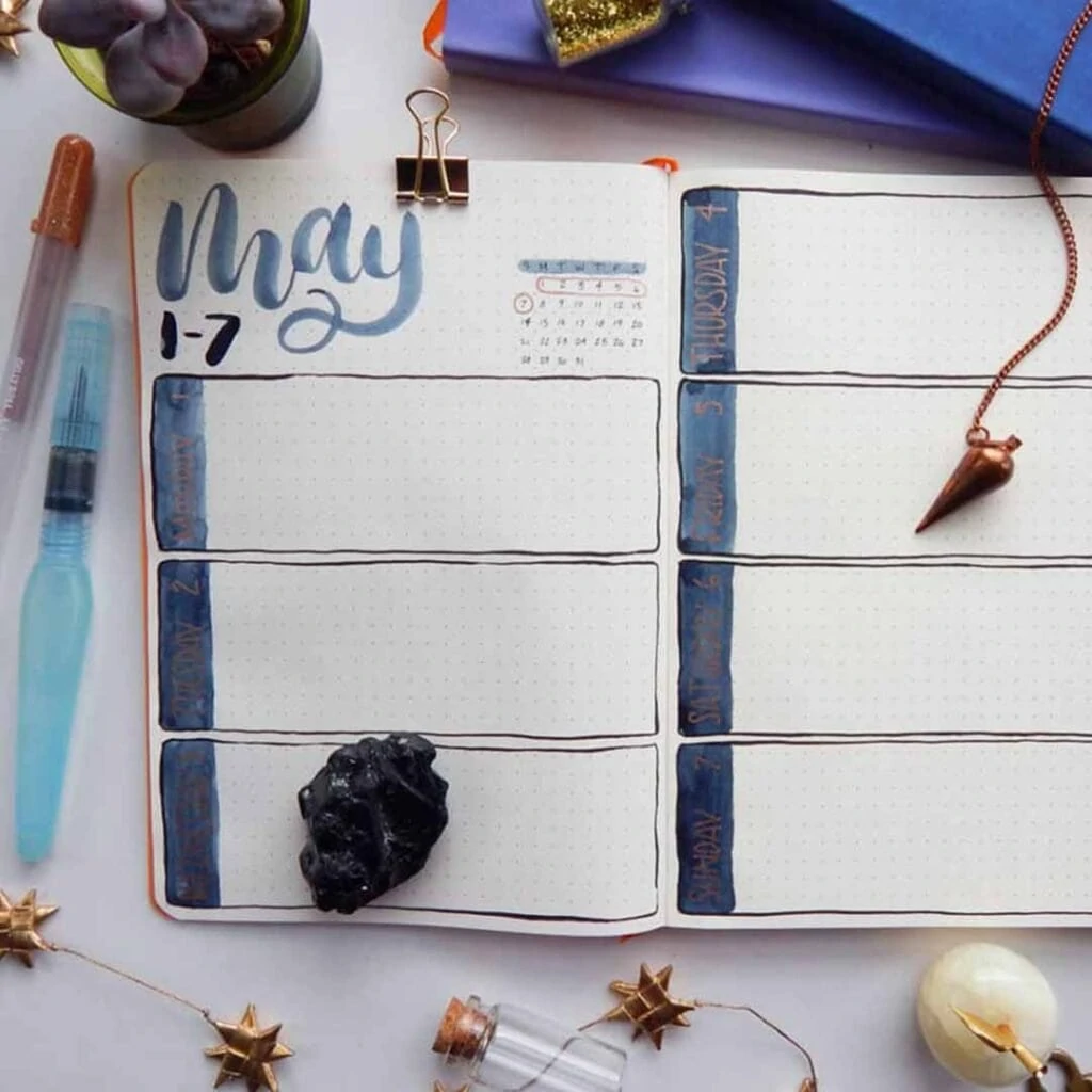 bullet journal weekly spread for May using Basic Betty spread