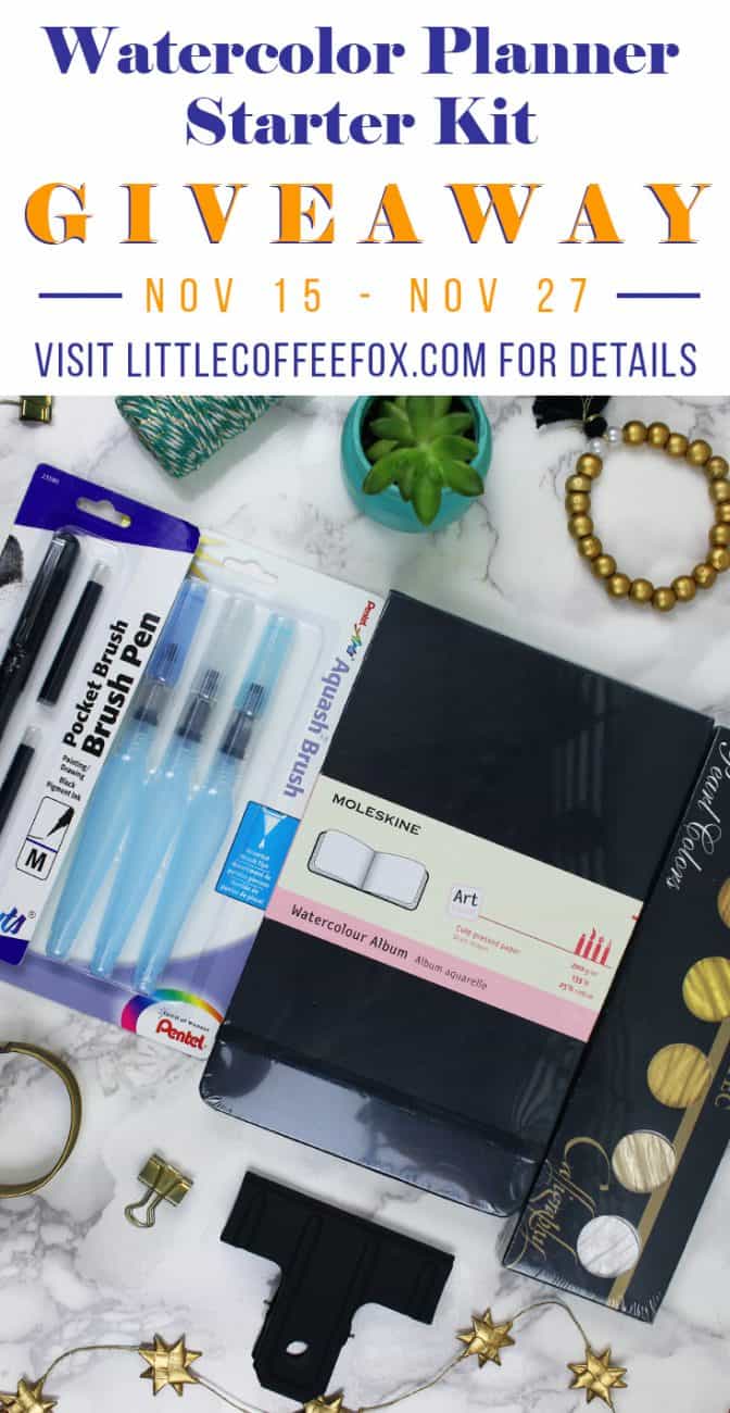 Visit LittleCoffeeFox.com and enter for a chance to win a watercolor planner starter kit! There will be three winners selected, and each will receive a Moleskine watercolor album, a Finetec gold watercolor palette, a Pentel Aquash Water Brush Pen set, and a Pentel Pocket Brush Pen. Must enter before November 27th at 11:59 pm CST and must be at least eighteen years old to enter. Good luck!