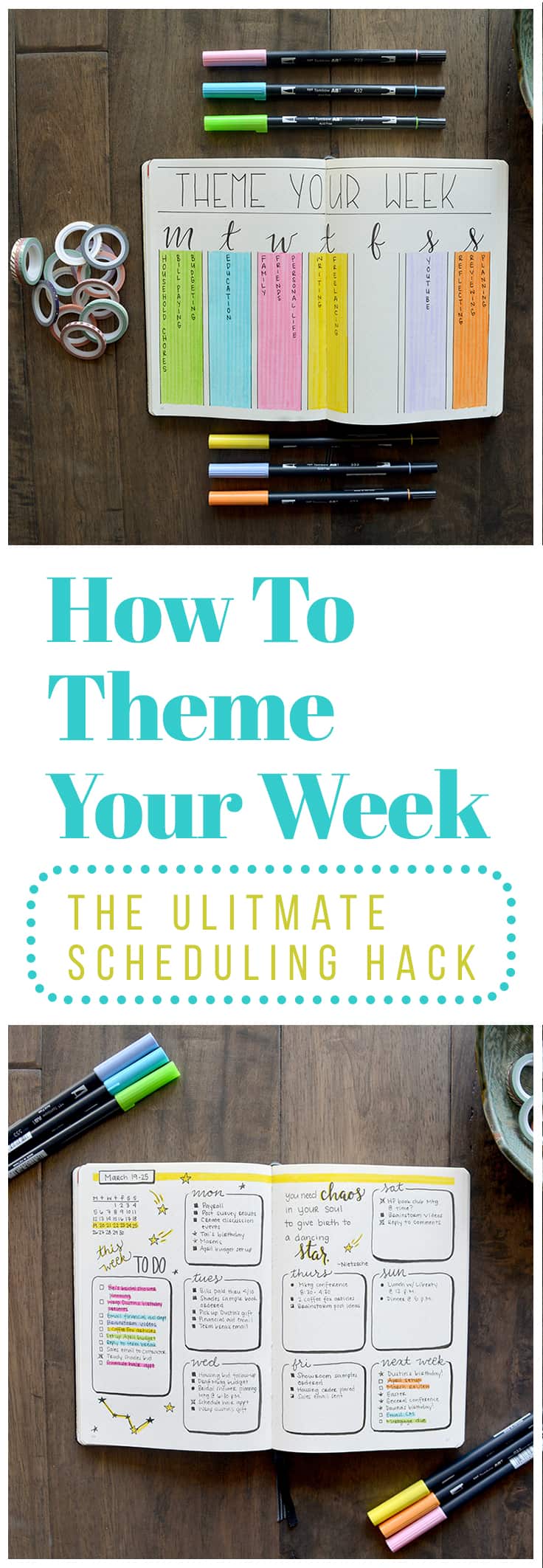 Theming your week is easy. 1. Choose your themes: You know better than anyone else which time and attention.
2. Assign your themes to days of the week
3. Add your themes to your schedule: I chose to do this by creating one color-coded key page with all of my themes written out.
4. Reevaluate as needed: You may find as you go that you’ve chosen a theme for which you actually don’t have all that much to do. Just click the image to learn more.