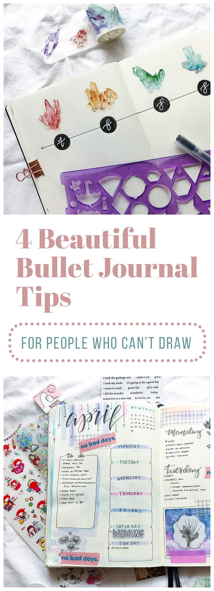 Some come by artistic talent naturally, and some of us struggle drawing stick figures. It’s a fact of life, but it shouldn’t prevent you from having a beautiful bullet journal! Luckily, there are plenty of bullet journal hacks out there that can help. Here are a few of my favorite ways to liven up my spreads that don’t require any sort of artistic talent! #bulletjournal #bulletjournaltips #bulletjournalhacks #planner #minimalist #washitape