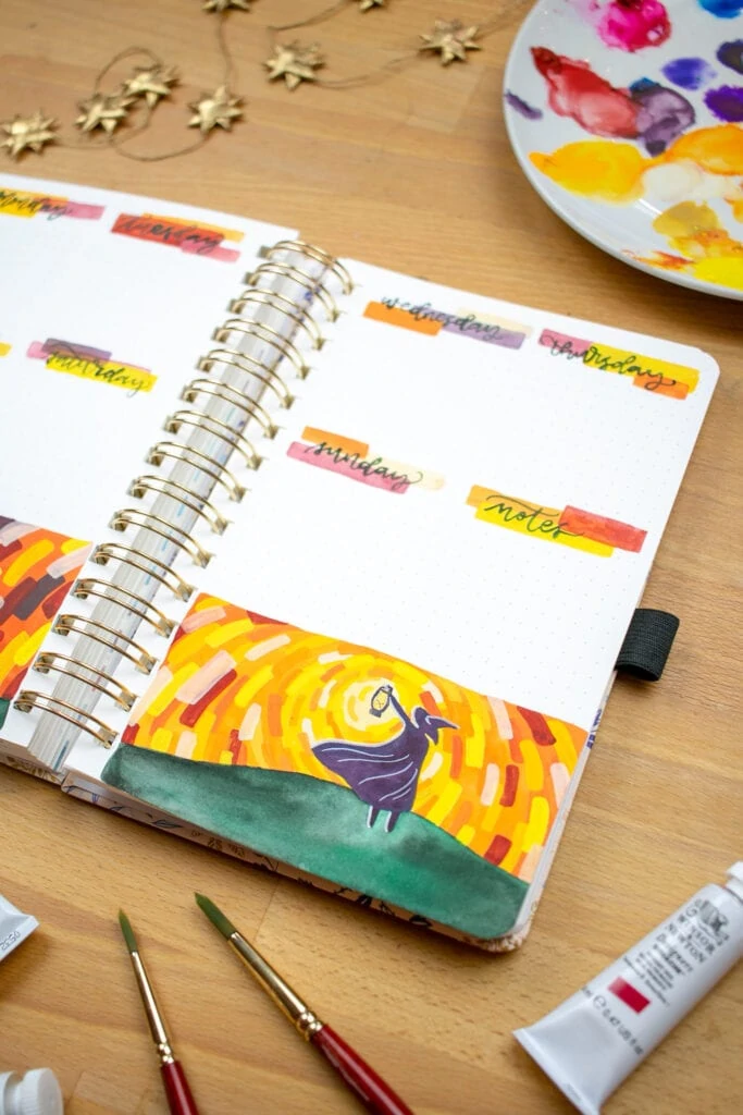 The right page of a weekly bullet journal spread, themed autumn lights. This spread was made using gouache paints.