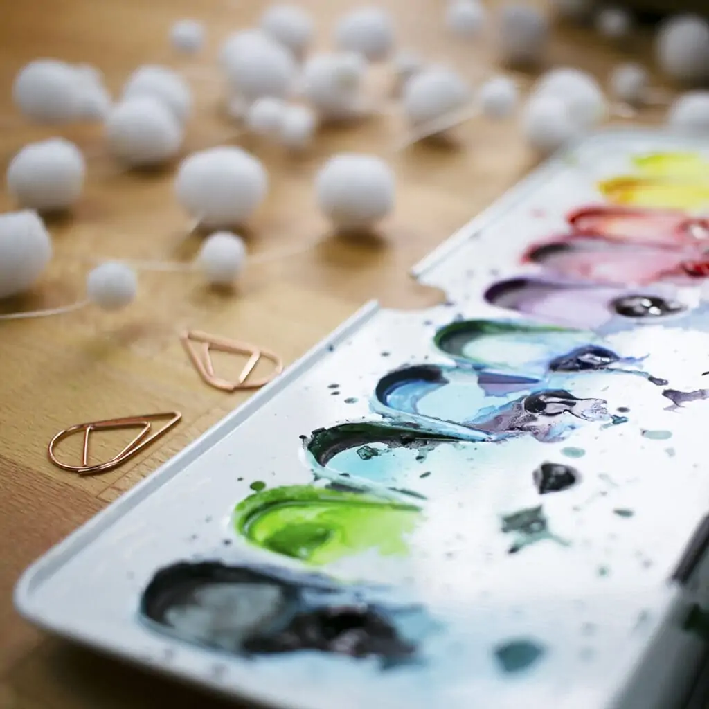 Detail shot of messy watercolor wells .