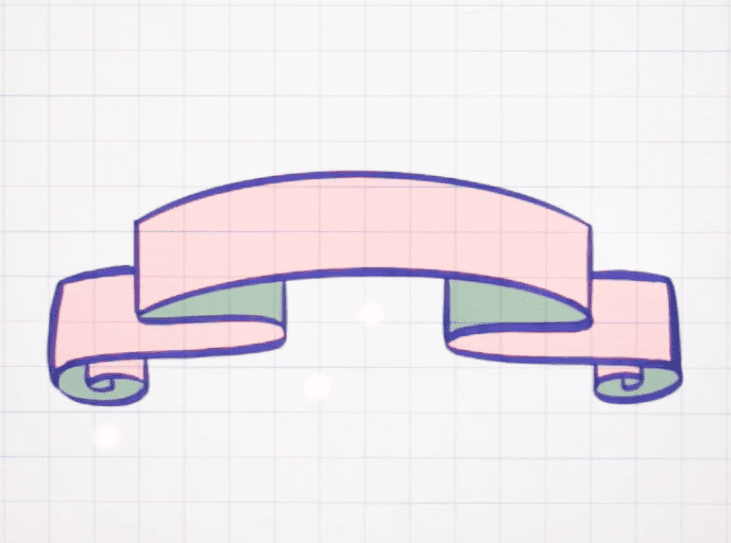 A digital rendering of a pink ribbon. The ribbon has scroll-shaped edges drawn on either side. This image demonstrates how to draw an scrolling-edged ribbon illustration.
